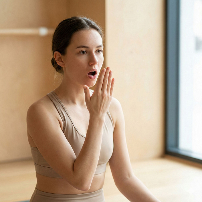 Фото девушки проверяющей дыхание ладонью у рта для обучения уджайи