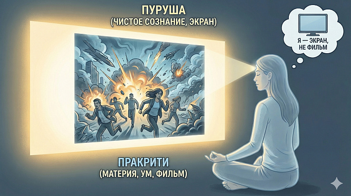 Схема разделения Пуруши и Пракрити: медитирующий наблюдатель смотрит на хаотичный фильм жизни, оставаясь экраном