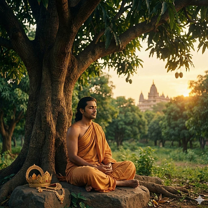 Реалистичная фотография бывшего царя в одежде отшельника, медитирующего в позе лотоса в густой манговой роще на закате