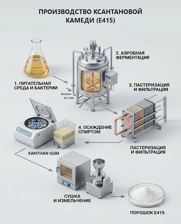 Инфографика пяти этапов биотехнологического производства ксантановой камеди Е415 на русском языке