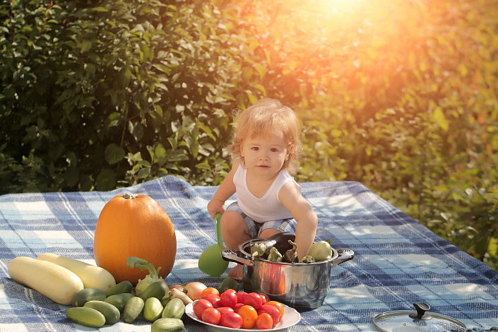 дети, кабачок, тыква, помидор, баклажан