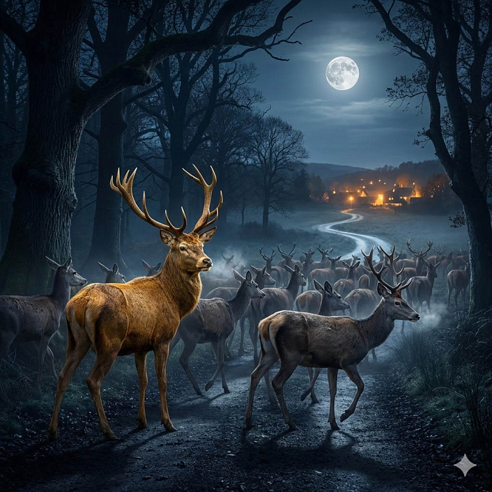 Ночная сцена где мудрый олень Лаккхана ведет стадо мимо деревни избегая ловушек людей символизируя осторожность