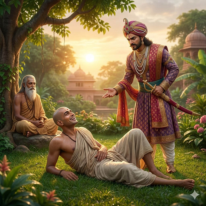 Кинематографическая сцена в саду, где ученик-аскет лежит в блаженстве, игнорируя раздраженного царя, в то время как Бодхисаттва наблюдает, иллюстрируя преимущество отречения.