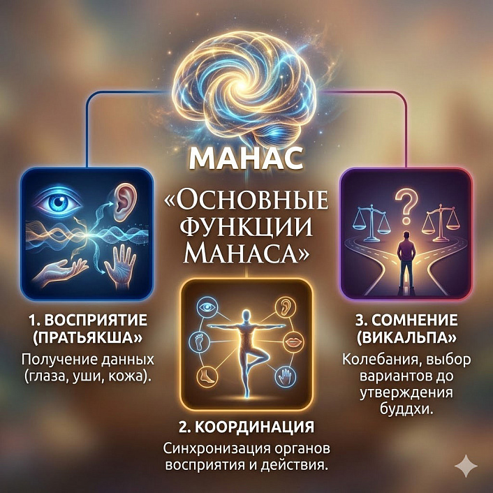Схема основных функций манаса в йоге: восприятие, координация, сомнение