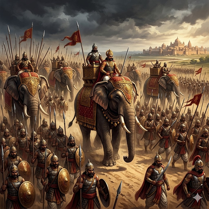 Арт изображение армии царя Косалы с боевыми слонами идущей походом на мирный город Бенарес