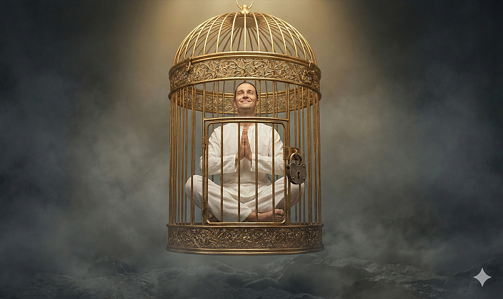 Человек медитирует внутри золотой клетки: метафора духовного эго и ловушки асмиты