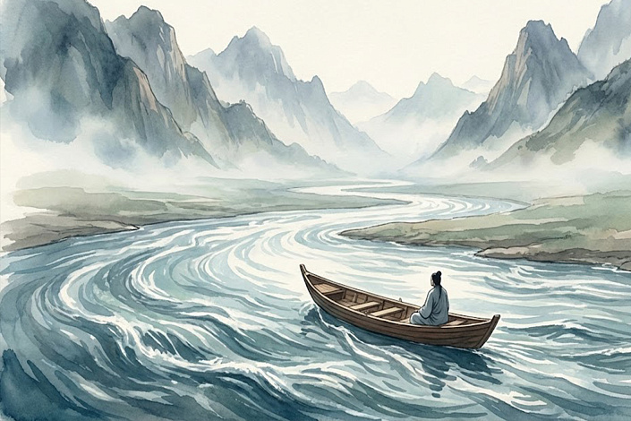 Лодка в потоке реки