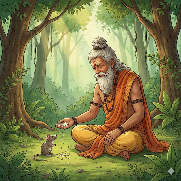 otshelnik-kormit-myshonka.jpg = Арт индийского отшельника, кормящего мышонка, для начала притчи о неблагодарности.