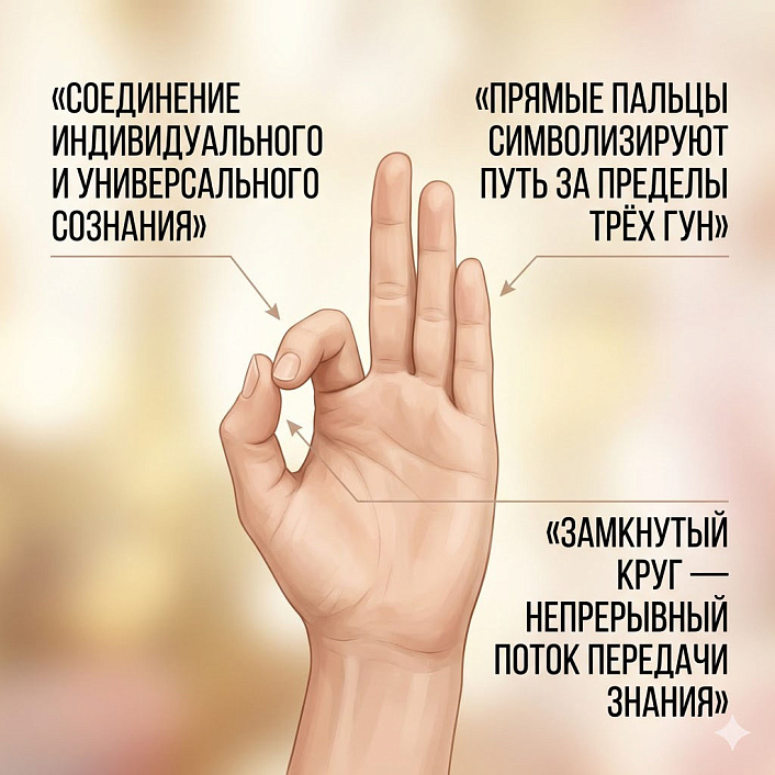 Человеческая рука в мудре Витарка, большой и указательный пальцы образуют замкнутый круг для передачи знаний и медитации.