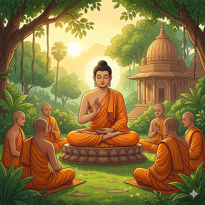 Будды, сидящего в саду Джетавана, беседующего с монахами о распознавании плодов.