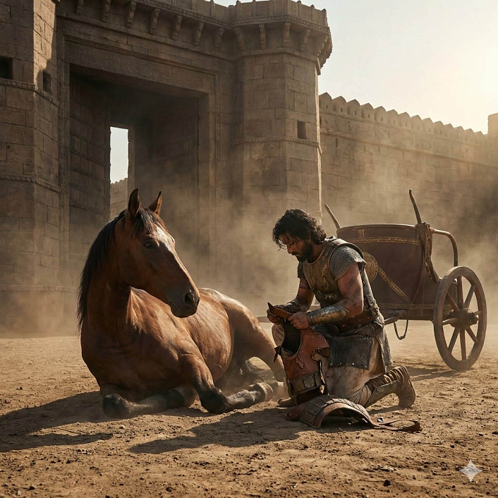 Арт: Раненый благородный конь лежит у царских ворот во время осады Варанаси