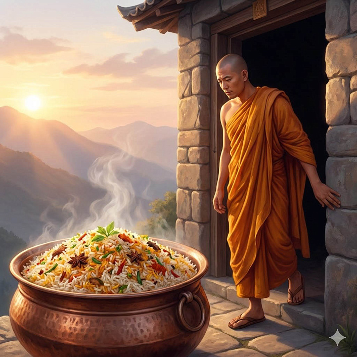 Цифровая живопись монаха смотрящего на роскошную еду в горном монастыре символизирующая искушение