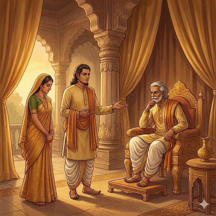 Мудрый советник Бодхисаттва говорит с царем Варанаси о добродетелях царицы