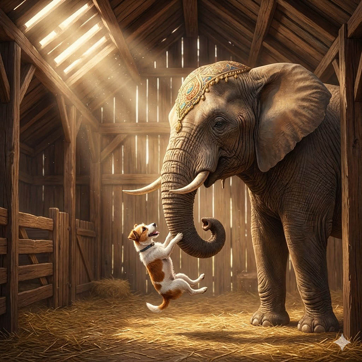 Иллюстрация маленькой собаки, радостно качающейся на хоботе огромного слона в стойле, показывающая привязанность животных