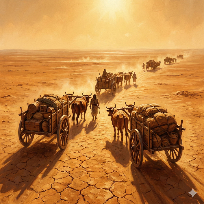 Иллюстрация каравана повозок входящего в безводную пустыню