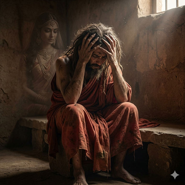 Цифровой арт растрепанного монаха в тени, страдающего от вожделения и потери покоя