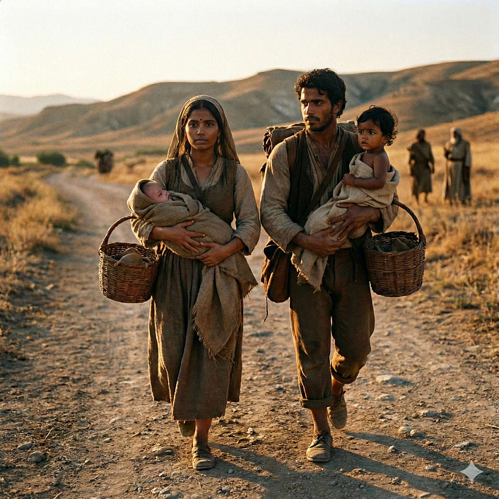 Арт семейной пары с детьми на дороге символизирующий начало жизненного пути