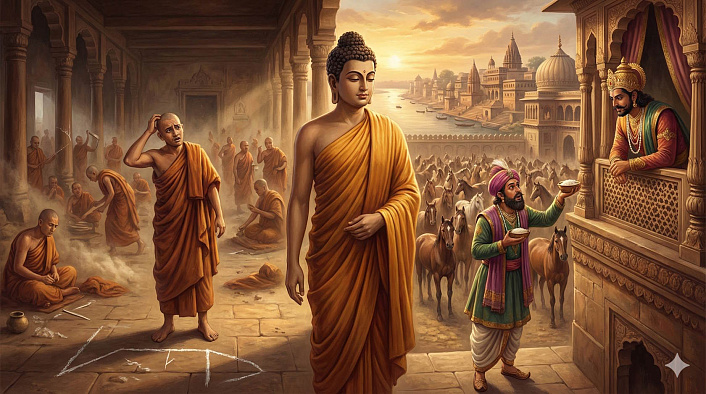 Мудрец, растерянный монах у черты и оценщик с рисом 