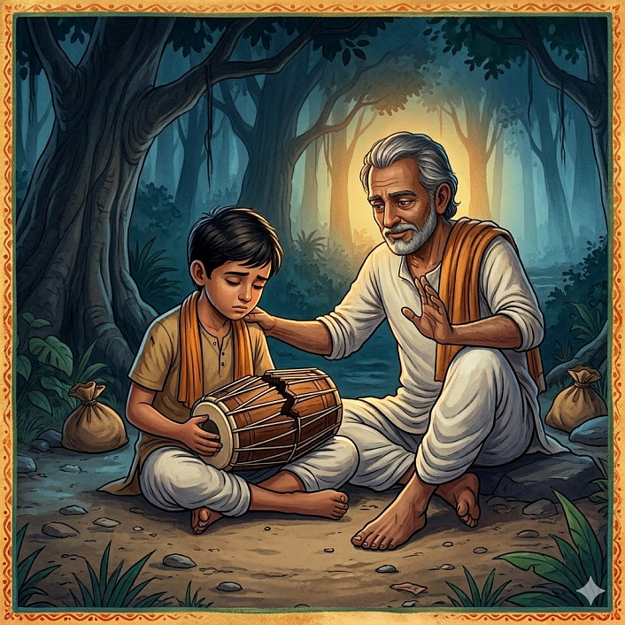 Иллюстрация. Древнеиндийские барабанщики подавленно сидят на лесной тропе со сломанным барабаном и пустыми кошельками. Показывая последствия ограбления из-за упрямства.