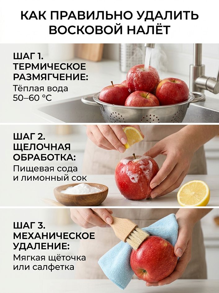 Иллюстрация схемы пошагового смывания канделильского воска Е902 с фруктов содой и лимоном