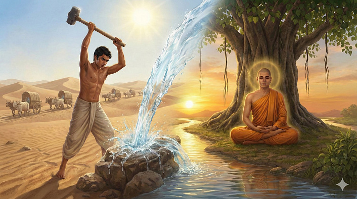 Сплит-арт сопоставляющий юношу добывающего воду в пустыне и медитирующего монаха как символы упорства