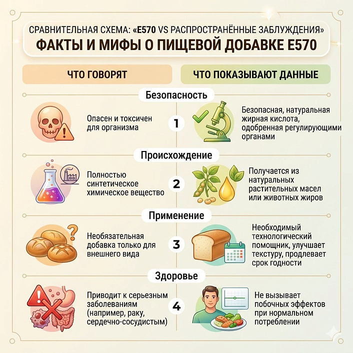 Сравнительная инфографика добавки Е570 развенчивает мифы данными о пищевой безопасности и стеариновой кислоте.