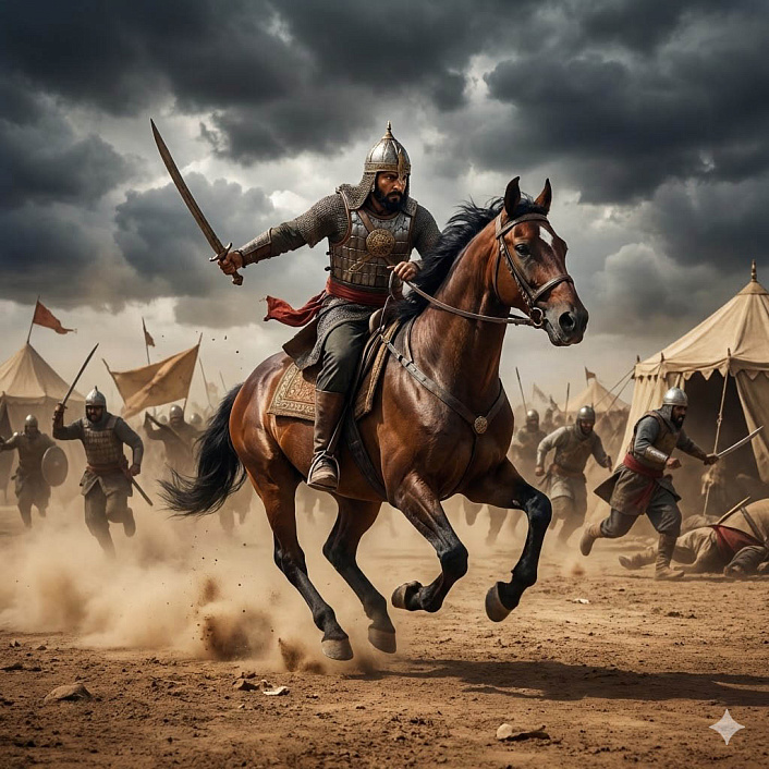 Цифровой арт отважного воина на коне, прорывающего вражеский строй, символизирующий мужество и решимость.