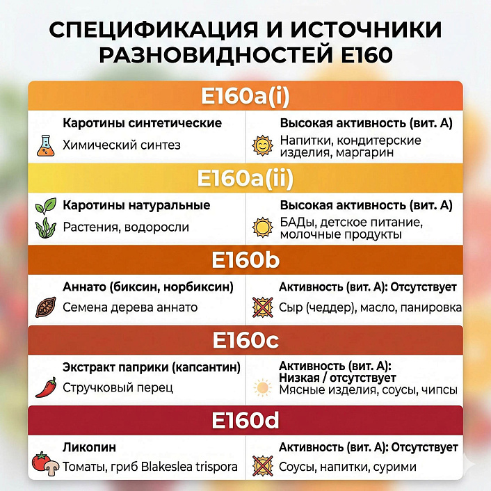 Инфографика пищевых добавок группы E160 с указанием их источников, наличия витамина А и сфер применения в продуктах