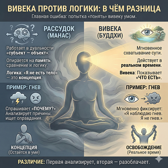 Инфографика различий Рассудка и Вивеки: логический анализ причин гнева мозгом против мгновенного инсайта осознанности