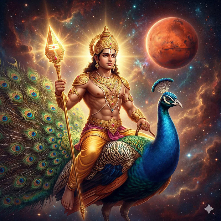 Цифровой арт бога Картикеи на павлине, освещающего тьму, для статьи 108 имен Картикеи