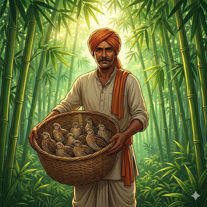 Птицелов собирает пойманных перепелов в густом лесу. Угроза для одиноких птиц.