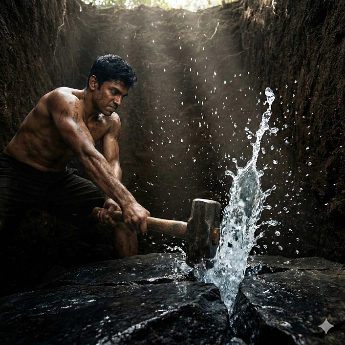 Детальная иллюстрация юноши разбивающего камень молотом откуда бьет фонтан воды