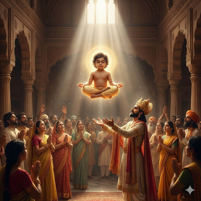 Сцена ребенка парящего в воздухе и поучающего отца во дворце доказывая свое царское происхождение через чудо