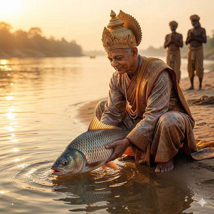 Цифровой арт жреца, бережно отпускающего рыбину обратно в реку, символизирующий духовное спасение и милосердие