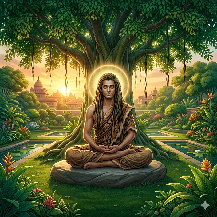 Фотореалистичный арт просветленного отшельника в медитации в царском саду Бенареса