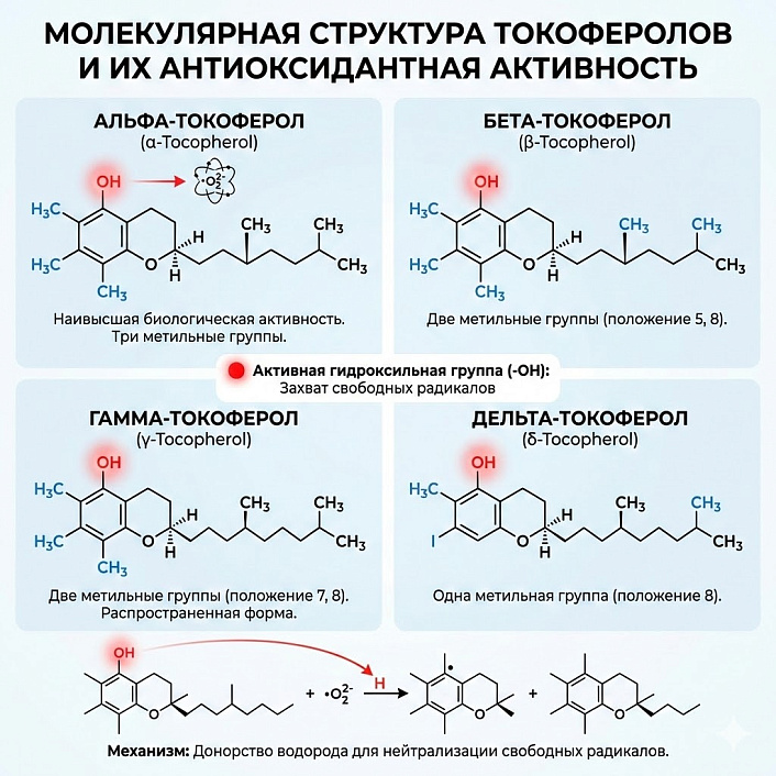 Инфографика структур токоферолов с выделенной активной OH-группой, показывающая механизм нейтрализации свободных радикалов