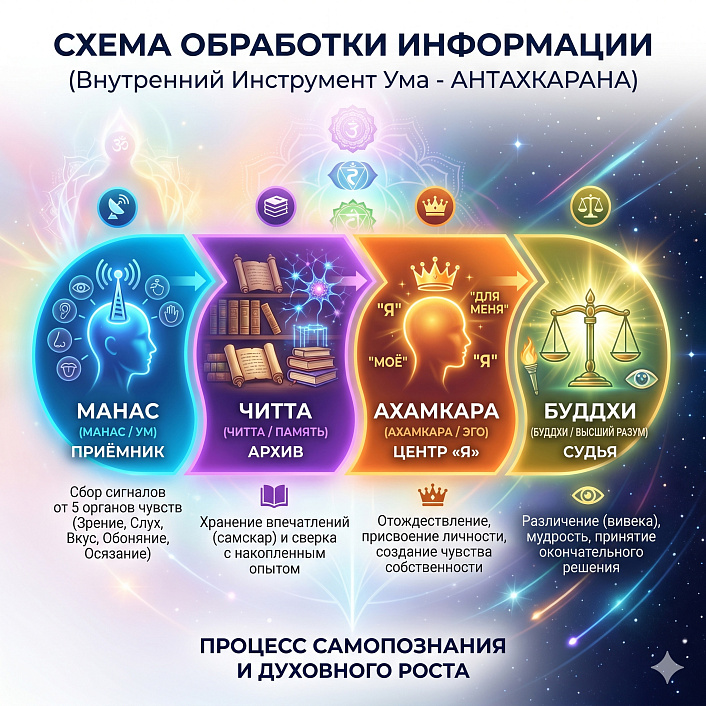 Инфографика внутреннего инструмента ума, иллюстрирующая этапы обработки информации: манас, читту, ахамкару и буддхи