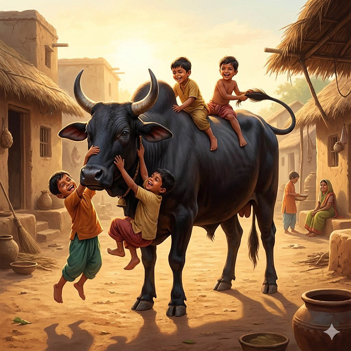 Арт доброго черного быка, играющего с деревенскими детьми, история прошлых жизней Будды.