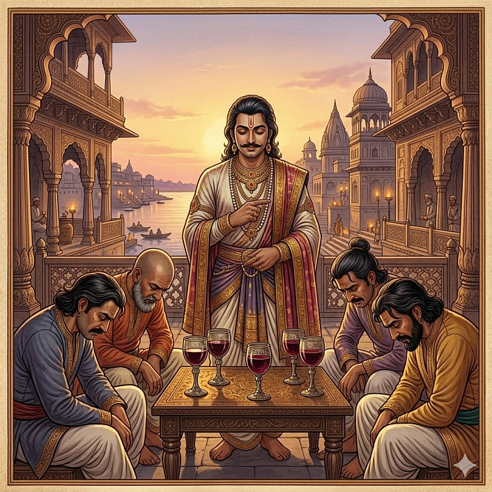 Бодхисаттва смотрит на полные кубки. Мудрец разгадывает обман в древнем Бенаресе.
