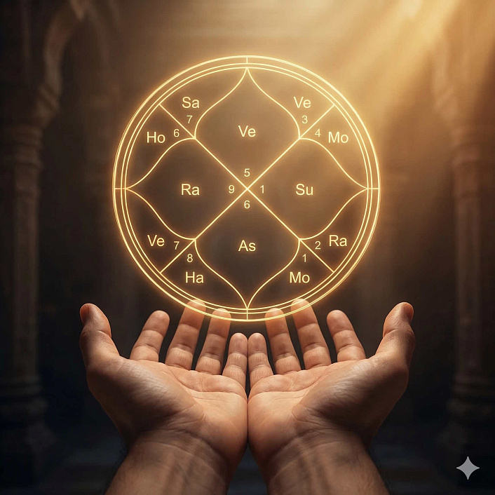 Цифровой арт парящей светящейся ведической карты над руками для понимания кармы в джйотише