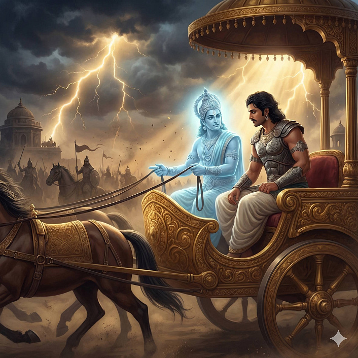 Цифровой арт принца Арджуны и Кришны на колеснице, постигающих дхарму перед великой битвой.