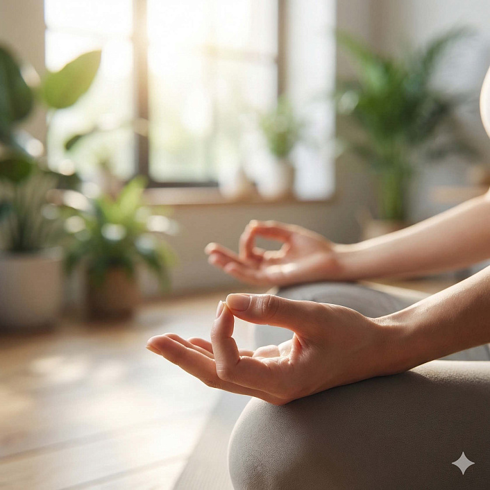 Фото рук человека в медитации, практика расслабления и набхо мудры