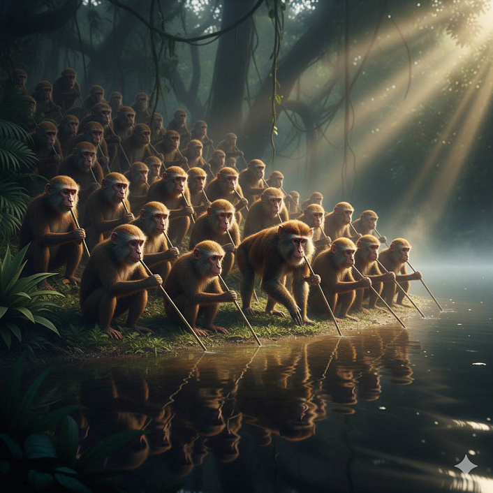 Иллюстрация стада обезьян пьющих воду через полые тростинки на берегу озера в джунглях