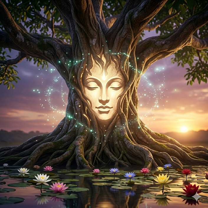 Мистический образ божества в ветвях старого дерева наблюдающего за миром и дающего наставление