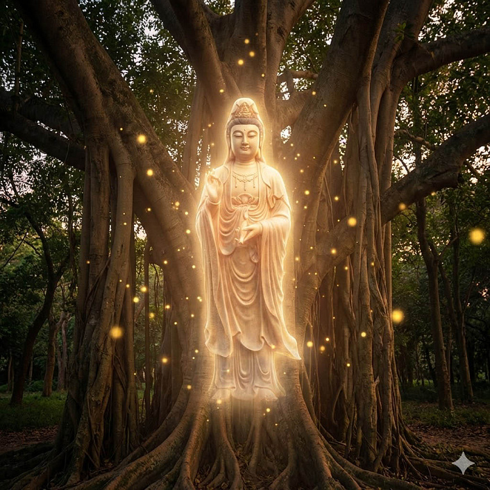 Изображение духа дерева Бодхисаттвы читающего гатху о вреде страсти в священной роще