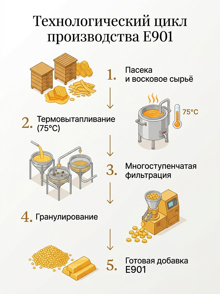 Схема этапов производства пищевой добавки Е901 из пчелиного воска для пищевой промышленности