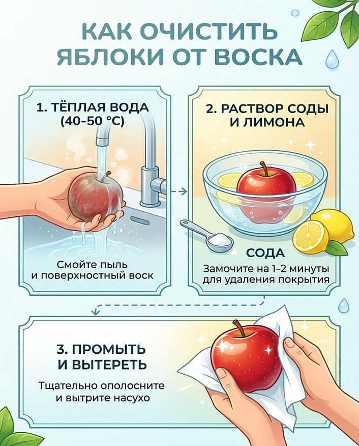 Схема пошагового алгоритма удаления воскового покрытия Е901 с яблок за три простых действия
