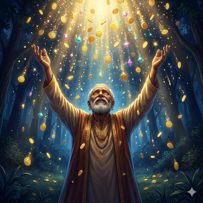 Иллюстрация старого брахмана, вызывающего с неба драгоценности. Волшебное заклинание ведаббха.