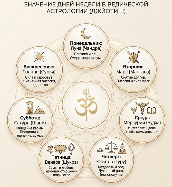 Инфографика круговой карты семи дней Прадошама с правящими планетами и сферами жизни в ведической астрологии