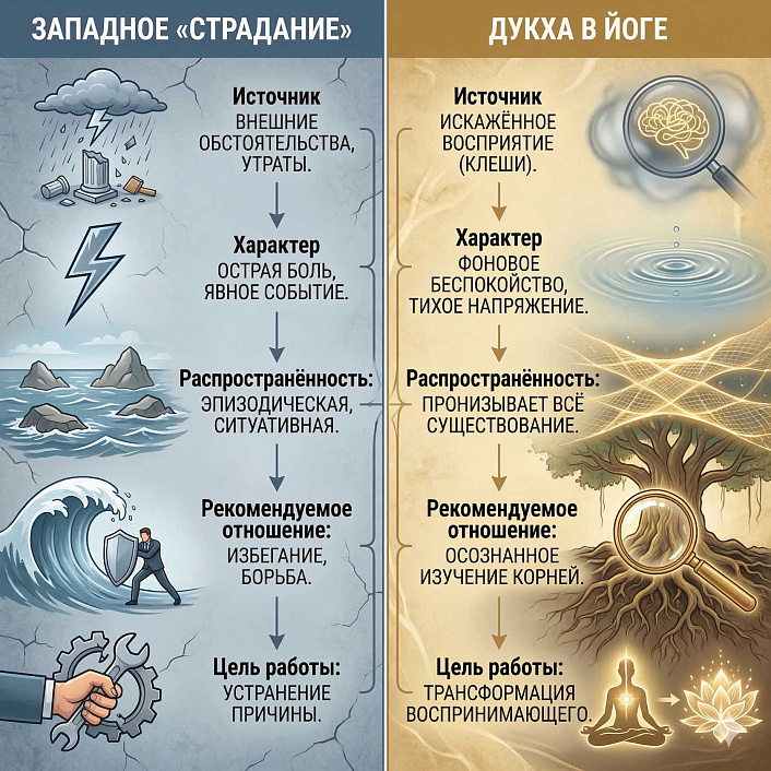 Инфографика: сравнение западного страдания и дукхи. Демонстрирует отличия в восприятии боли и методах трансформации ума